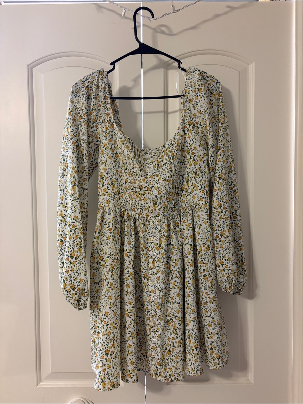 Anthropologie Yellow Floral Long-Sleeve Smocked Mini Dress
